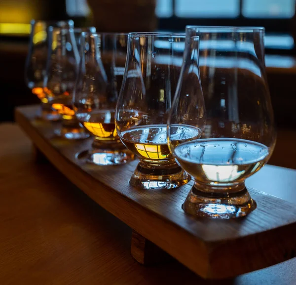 Flight Single Malt Scotch Whisky Glasses Served Bar Edinburgh Tasting — Stock Photo, Image