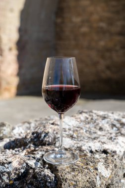 Fransa 'nın Beaujolais bölgesinin güneyinde sarı taştan evler bulunan Pierres Dores bölgesinde şarap üreticisinin kırmızı şarabını tatmak.