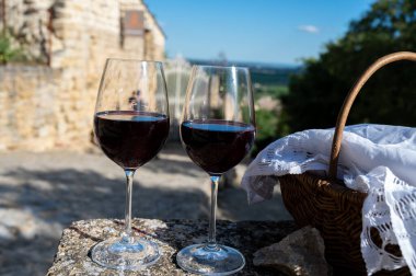 Fransa 'nın Beaujolais bölgesinin güneyinde sarı taştan evler bulunan Pierres Dores bölgesinde şarap üreticisinin kırmızı şarabını tatmak.