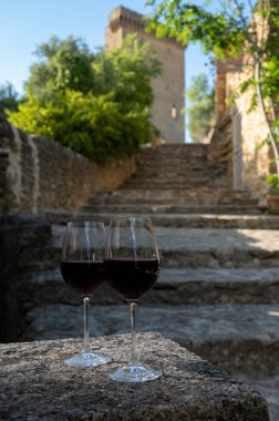 Fransa 'nın Beaujolais bölgesinin güneyinde sarı taştan evler bulunan Pierres Dores bölgesinde şarap üreticisinin kırmızı şarabını tatmak.