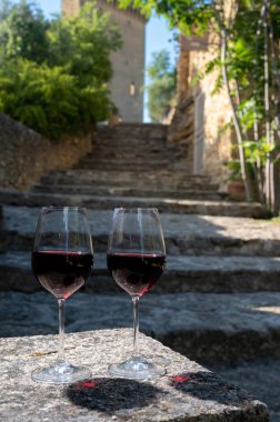 Fransa 'nın Beaujolais bölgesinin güneyinde sarı taştan evler bulunan Pierres Dores bölgesinde şarap üreticisinin kırmızı şarabını tatmak.