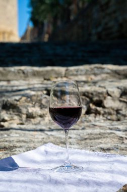 Fransa 'nın Beaujolais bölgesinin güneyinde sarı taştan evler bulunan Pierres Dores bölgesinde şarap üreticisinin kırmızı şarabını tatmak.