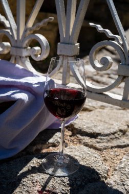 Fransa 'nın Beaujolais bölgesinin güneyinde sarı taştan evler bulunan Pierres Dores bölgesinde şarap üreticisinin kırmızı şarabını tatmak.