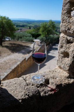 Fransa 'nın Beaujolais bölgesinin güneyinde sarı taştan evler bulunan Pierres Dores bölgesinde şarap üreticisinin kırmızı şarabını tatmak.