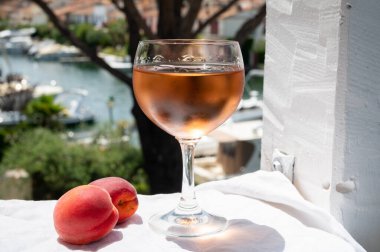 Drinking of cold rose wine from Provence with red apricots and view on yacht harbour of Port Grimaud, summer vacation on French Riviera, France