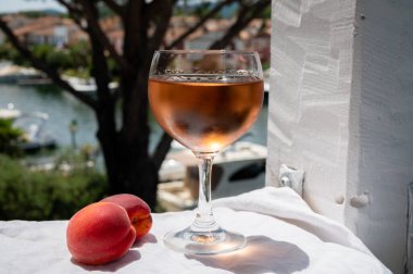 Drinking of cold rose wine from Provence with red apricots and view on yacht harbour of Port Grimaud, summer vacation on French Riviera, France