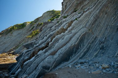 Zumaia 'nın Atlantik kıyısındaki alçak gelgitte, İspanya' nın Bask Bölgesi 'nde dik eğimli sinek jeolojik oluşumuna bakın.
