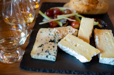 Pairing of scotch whiskies and farmers scottish cheeses cheddar, stilton, blue cheese, brie, tasting of whiskey and cheese in Edinburgh, UK