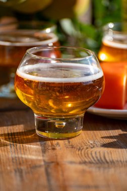 Food and drink pairing, apple cider in glasses produced on organic farm from bio apples in Normandy, France and farmers cheddar cheese from England