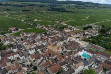 Aerial view on green vineyards and Puligny-Montrachet village, production of high quality famous French white wine in region Burgundy, France