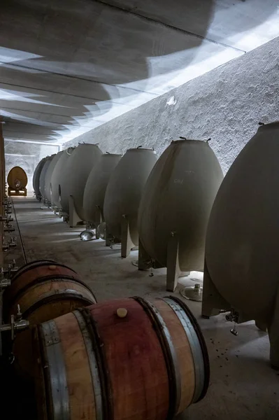 Stages of wine production from fermentation to bottling, visit to wine cellars in Cote d\'Or, Burgundy, France, Aging in concrete eggs vats.