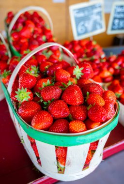 Bir sepet Fransız kırmızı olgun çilek Manon des Fraises, Fragaria anananassa Provence 'de toplandı, Fransa' da yaz mevsimi