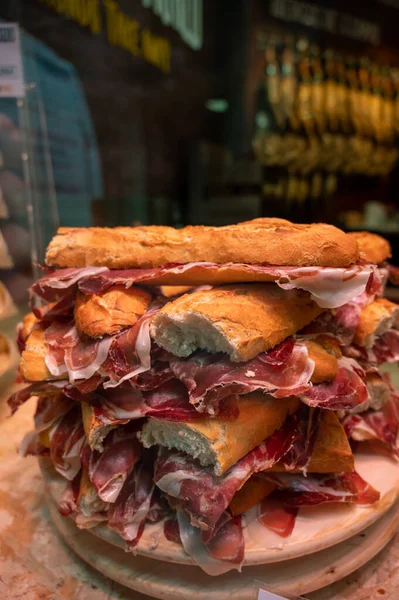 Spanish Street Food Fresh Baked Baguette Bread Sliced Iberian Cured — Stock Photo, Image