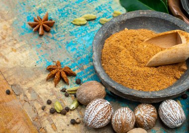 Nutmeg tozu. Makro manzaralı, fındıklı ve rendelenmiş muscat fındıklı. Kapat.