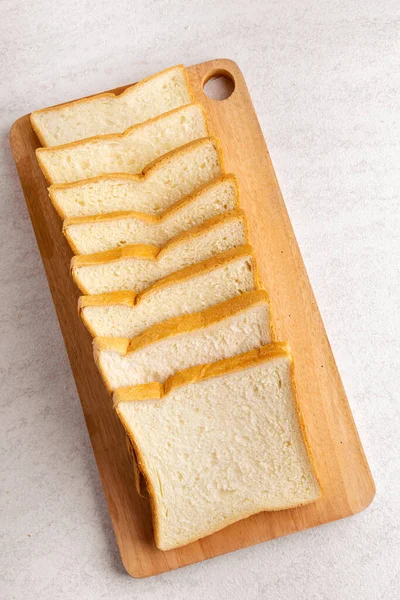 Stack Sliced White Bread Cutting Board White Background Texture Flat — Zdjęcie stockowe