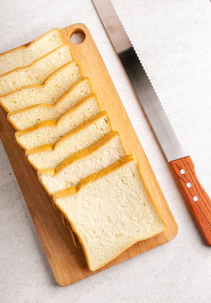 Stack Sliced White Bread Cutting Knife White Background Texture Flat — Fotografia de Stock
