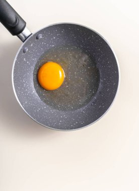Raw eggs in a frying pan. Top view. Broken white.