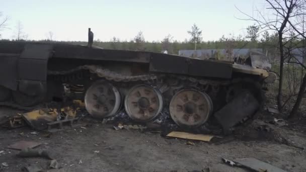 Borodianka Kyiv Ukraine 2022 Broken Russian Military Equipment Tanks Armored — стоковое видео