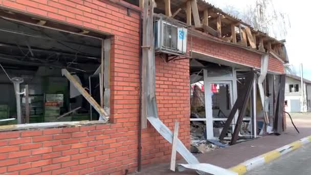 Hostomel Kyiv Ukraine 2022 Russian Occupiers Destroyed Shops City Hostomel — Video Stock