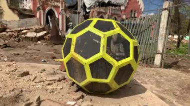 Chernihiv, Ukraine - 27.04.2022: War in Ukraine. A blown up football stadium as a result of a rocket attack in Chernihiv.
