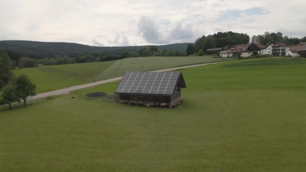 Sheep Graze Field Barn Solar Panels — Stock Video