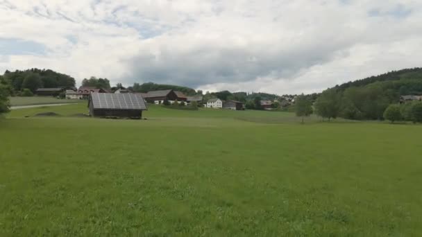 Sheep Graze Field Barn Solar Panels — Stock Video