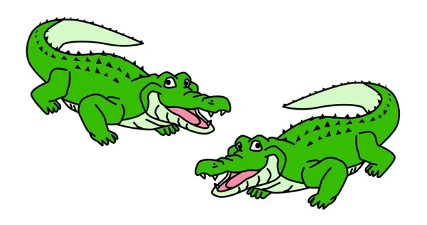 illustration of cartoon crocodile with two small green iguana
