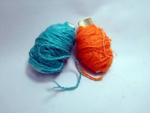 Close Photo Embroidery Knitting Yarn Orange Light Blue — Stock Photo, Image