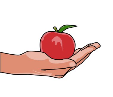 Elinizde yeşil yapraklı kırmızı bir elma var.