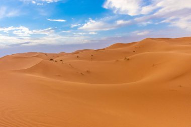Alacakaranlıkta Sahra Çölü 'nün kumullarının güzel manzarası, Merzouga, Fas