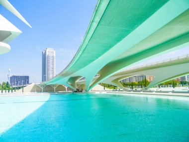 VALENCIA, İspanya, 19 Mart 2019: VALENCIA, İspanya, 19 Mart 2019: Modern sanat ve bilim şehrinin gelecekteki mimarisi ve temiz havuzu
