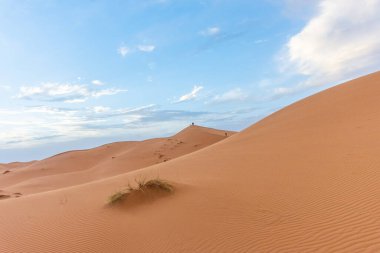 Alacakaranlıkta Sahra Çölü 'nün kumullarının güzel manzarası, Merzouga, Fas