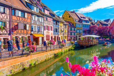 COLMAR, FRANCE, 18 HAZİRAN 2020: Ön planda çiçekli renkli colmar kanalı