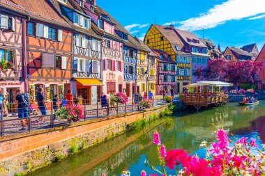 COLMAR, FRANCE, 18 HAZİRAN 2020: Ön planda çiçekli renkli colmar kanalı