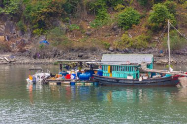 HA LONG BAY, VİETNAM, 6 HAZİRAN 2020: Ha Long Körfezi 'ndeki geleneksel yüzen köy