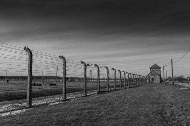 AUSCHWITZ BIRKENAU. POLAND, 9 HAZİRAN 2022: Auschwitz II Birkenau Nazi imha kampının sınırında tel örgüler