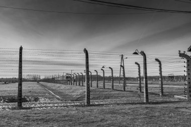 AUSCHWITZ BIRKENAU. POLAND, 9 HAZİRAN 2022: Auschwitz II Birkenau Nazi imha kampının sınırında tel örgüler