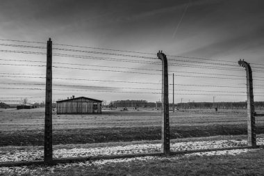AUSCHWITZ BIRKENAU. POLAND, 9 HAZİRAN 2022: Auschwitz II Birkenau Nazi imha kampının sınırında tel örgüler