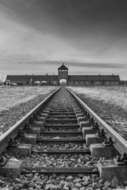 AUSCHWITZ BIRKENAU. POLAND, 9 HAZİRAN 2022: Auschwitz II Birkenau Nazi imha kampına yapılan demiryolu