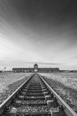 AUSCHWITZ BIRKENAU. POLAND, 9 HAZİRAN 2022: Auschwitz II Birkenau Nazi imha kampına yapılan demiryolu