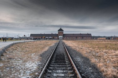 AUSCHWITZ BIRKENAU. POLAND, 9 HAZİRAN 2022: Auschwitz II Birkenau Nazi imha kampına yapılan demiryolu