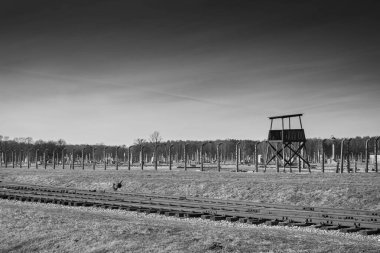 AUSCHWITZ BIRKENAU. POLAND, 9 HAZİRAN 2022: Auschwitz II Birkenau Nazi İmha Kampı 'ndaki nöbet kulesi