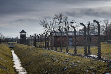AUSCHWITZ BIRKENAU. POLAND, 9 HAZİRAN 2022: Auschwitz II Birkenau Nazi imha kampında tel örgülü baraka