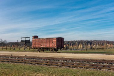 AUSCHWITZ BIRKENAU. POLAND, 9 HAZİRAN 2022: Naziler tarafından Auschwitz II Birkenau İmha Kampı 'nın mahkumlarını taşımak için kullanılan gerçek tren