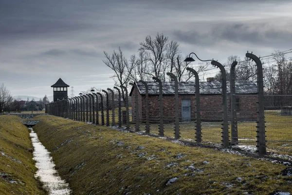 AUSCHWITZ BIRKENAU. POLAND, 9 HAZİRAN 2022: Auschwitz II Birkenau Nazi imha kampında tel örgülü baraka