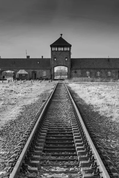 AUSCHWITZ BIRKENAU. POLAND, 9 HAZİRAN 2022: Auschwitz II Birkenau Nazi imha kampına yapılan demiryolu