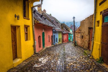Romanya 'nın Sighisoara kentinin renkli caddesi