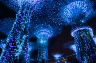 SINGAPORE, 3 EKİM 2019: Körfezin yanındaki Bahçelerin Süperağaçları