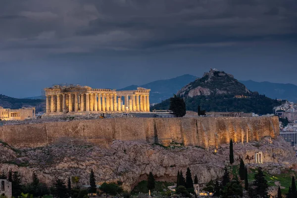 Bela Vista Noturna Partenon Acrópole Atenas Grécia — Fotografia de Stock