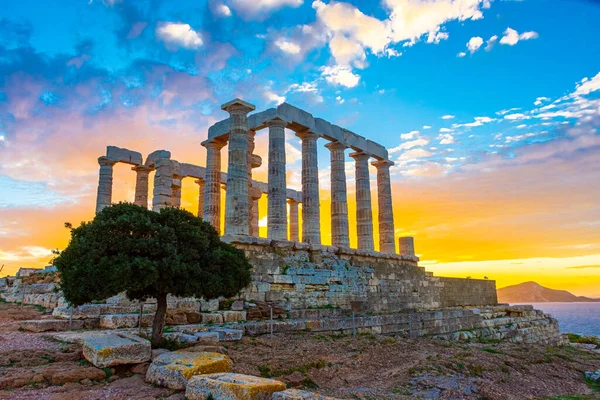 Tempio Poseidone Capo Sounion Tramonto Sul Mar Egeo Grecia — Foto Stock